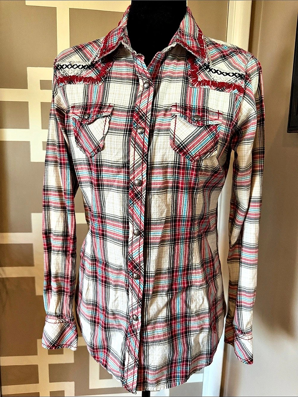 Ariat Plaid Western Button Down Red & White Small